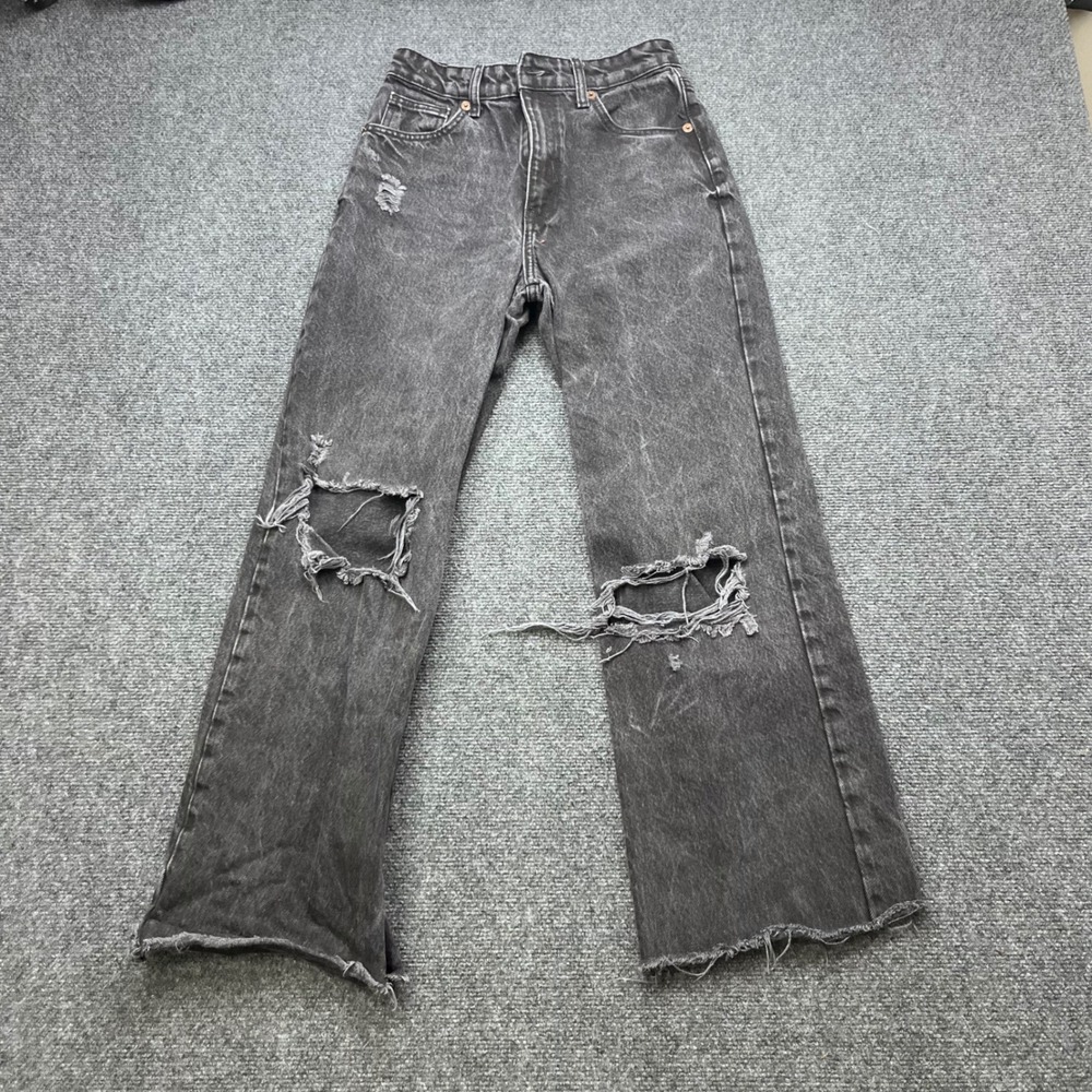ZARA High Rise Distressed Acid Wash Charcoal Wide Leg Jeans
